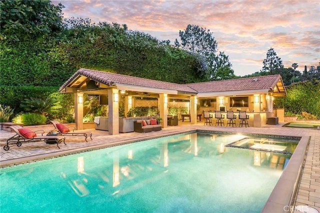 19151 Fowler Ave, North Tustin, CA 92705 - view of swimming pool featuring an outdoor hangout area, a patio, and a pool with connected hot tub