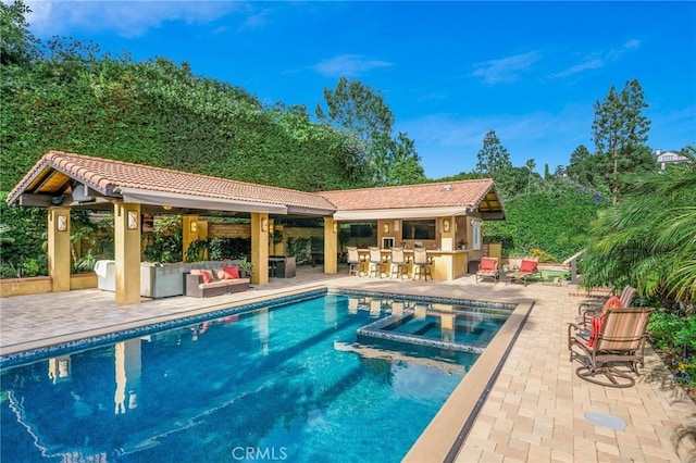19151 Fowler Ave, North Tustin, CA 92705 - view of swimming pool with a pool with connected hot tub, an outdoor living space, a patio, and a gazebo