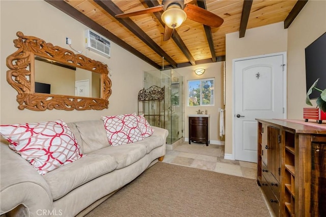 19151 Fowler Ave, North Tustin, CA 92705 - living area featuring wood ceiling, a wall mounted air conditioner, a ceiling fan, and baseboards