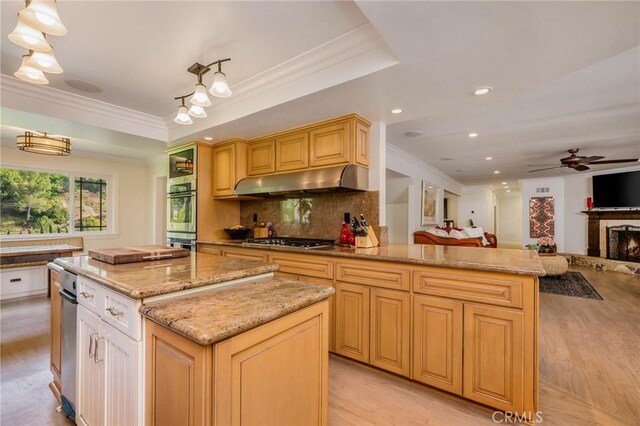 19151 Fowler Ave, North Tustin, CA 92705 - kitchen featuring light wood-style floors, stainless steel appliances, open floor plan, under cabinet range hood, and crown molding