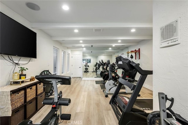 19151 Fowler Ave, North Tustin, CA 92705 - gym featuring light wood-type flooring, beam ceiling, and recessed lighting