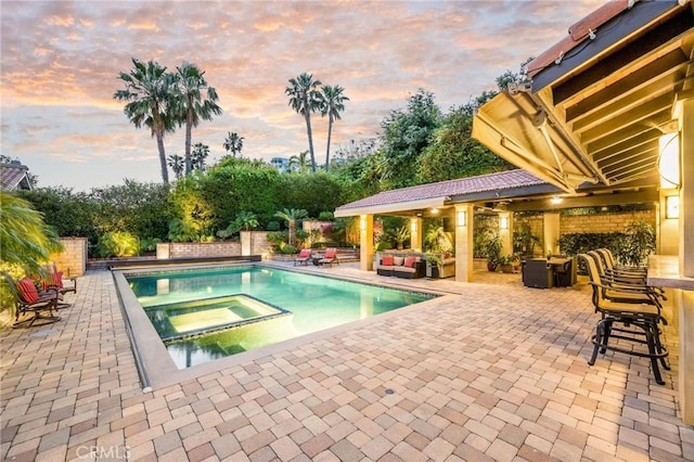 19151 Fowler Ave, North Tustin, CA 92705 - view of swimming pool featuring a patio, a gazebo, an outdoor hangout area, a fenced backyard, and a pool with connected hot tub