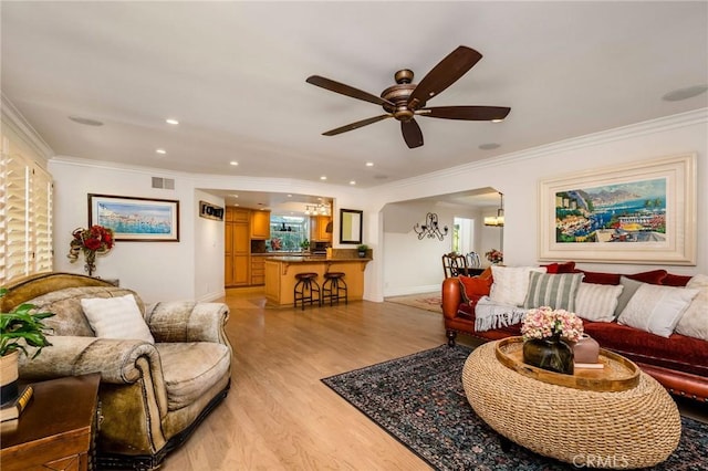 19151 Fowler Ave, North Tustin, CA 92705 - living room featuring ceiling fan, light wood-style floors, ornamental molding, baseboards, and recessed lighting