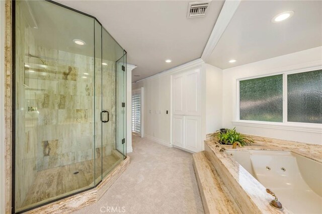 19151 Fowler Ave, North Tustin, CA 92705 - full bath with a shower stall, a whirlpool tub, recessed lighting, crown molding, and baseboards