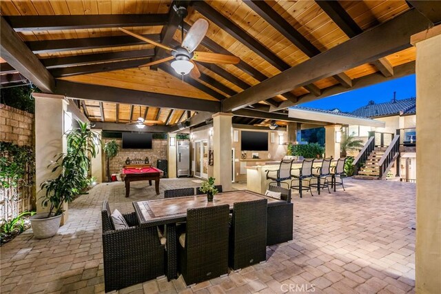 19151 Fowler Ave, North Tustin, CA 92705 - view of patio / terrace with ceiling fan, a bar, outdoor dining area, stairs, and area for grilling