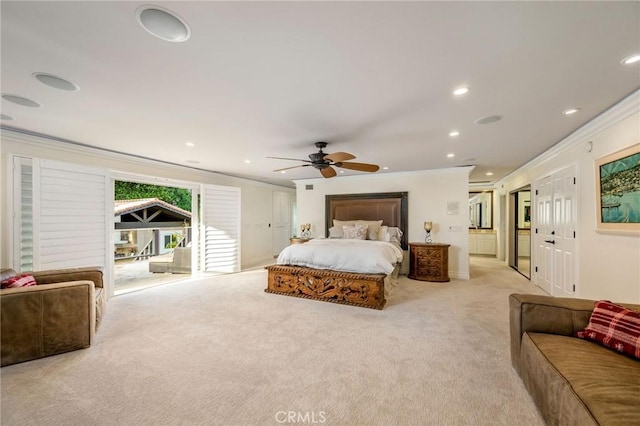 19151 Fowler Ave, North Tustin, CA 92705 - bedroom with ornamental molding, light carpet, recessed lighting, a ceiling fan, and baseboards