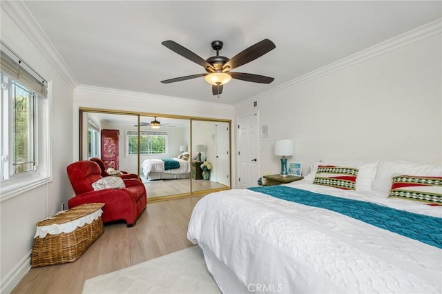 19151 Fowler Ave, North Tustin, CA 92705 - bedroom with wood finished floors, multiple windows, crown molding, a closet, and a ceiling fan
