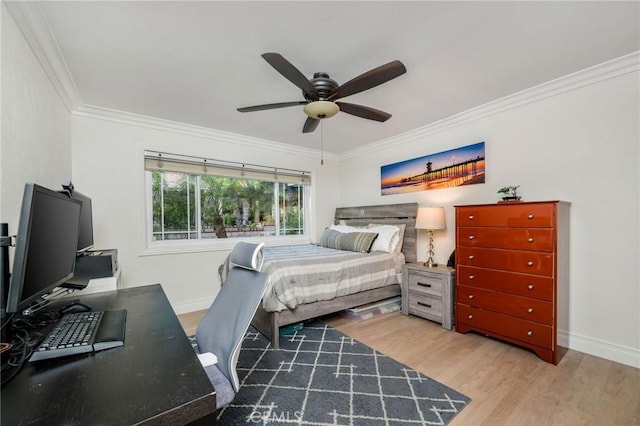 19151 Fowler Ave, North Tustin, CA 92705 - bedroom featuring wood finished floors, crown molding, an office area, baseboards, and ceiling fan