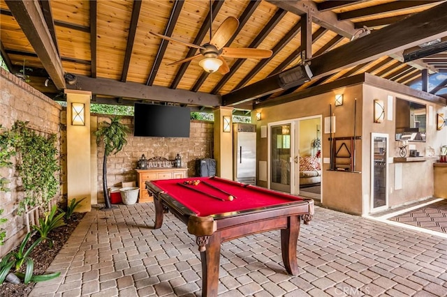 19151 Fowler Ave, North Tustin, CA 92705 - playroom with wood ceiling, pool table, brick floors, and a ceiling fan