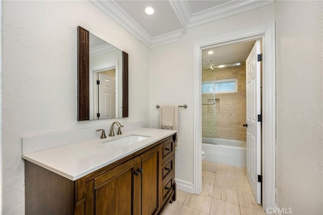 19151 Fowler Ave, North Tustin, CA 92705 - bathroom with vanity, crown molding, toilet, tile patterned flooring, and tub / shower combination