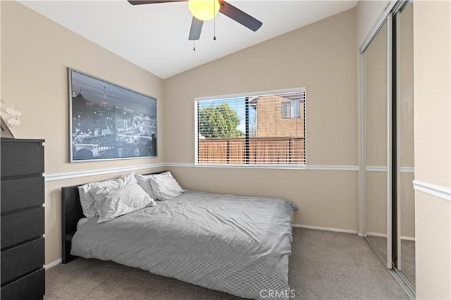 41488 Yankee Run Ct, Temecula, CA 92591 - bedroom featuring a closet, carpet flooring, lofted ceiling, a ceiling fan, and baseboards