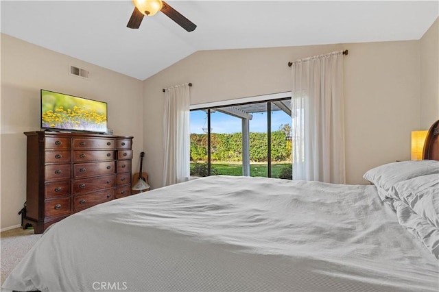 41488 Yankee Run Ct, Temecula, CA 92591 - bedroom featuring access to outside, vaulted ceiling, ceiling fan, carpet, and baseboards