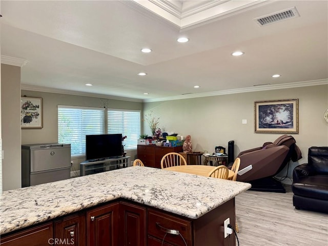 2147 Ronda Granada Unit A, Laguna Woods, CA 92637 - kitchen featuring open floor plan, light wood finished floors, fridge, ornamental molding, and recessed lighting