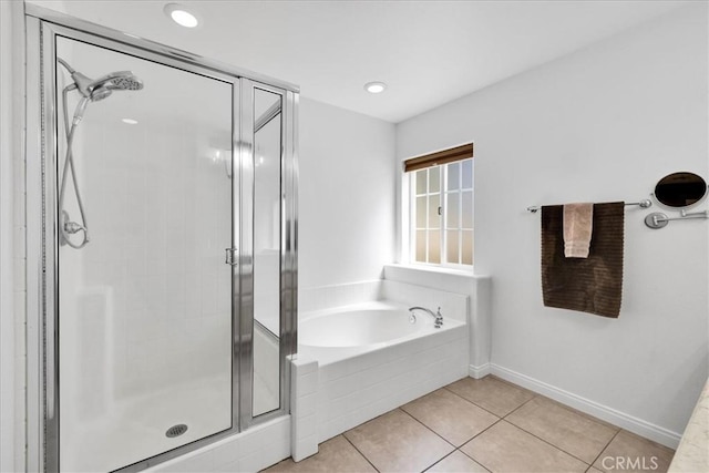 7356 Rubidoux Ave, Yucca Valley, CA 92284 - full bathroom featuring a shower stall, tile patterned flooring, a garden tub, baseboards, and recessed lighting