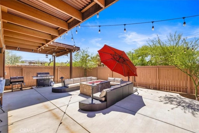 7356 Rubidoux Ave, Yucca Valley, CA 92284 - view of patio / terrace featuring area for grilling, an outdoor living space with a fire pit, and a fenced backyard