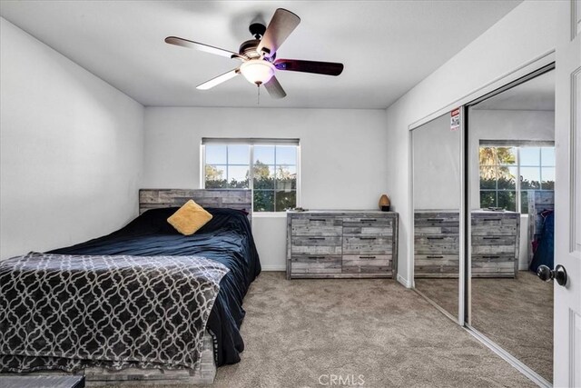 7356 Rubidoux Ave, Yucca Valley, CA 92284 - bedroom with carpet flooring, multiple windows, a closet, and a ceiling fan