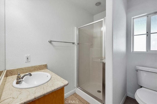 7356 Rubidoux Ave, Yucca Valley, CA 92284 - bathroom with a stall shower, toilet, vanity, baseboards, and tile patterned floors