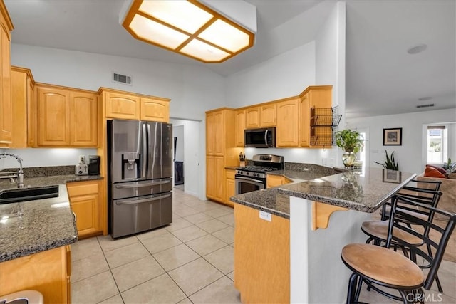 7356 Rubidoux Ave, Yucca Valley, CA 92284 - kitchen with appliances with stainless steel finishes, a sink, a peninsula, high vaulted ceiling, and dark stone countertops