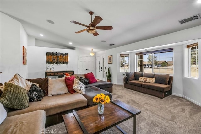 7356 Rubidoux Ave, Yucca Valley, CA 92284 - living area featuring ceiling fan, lofted ceiling, carpet floors, baseboards, and recessed lighting