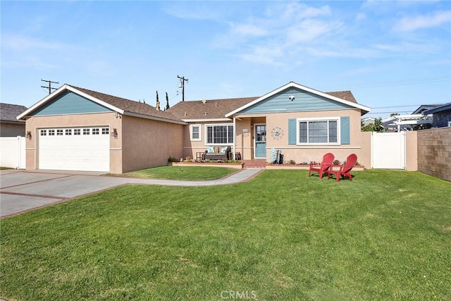 single story home with stucco siding, an attached garage, and concrete driveway