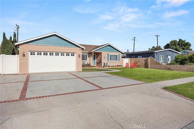 ranch-style house featuring driveway, an attached garage, and stucco siding