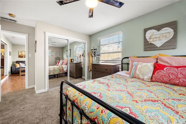 1418 S Cedar Ave, Fullerton, CA 92833 - bedroom with light colored carpet, a closet, ceiling fan, and baseboards
