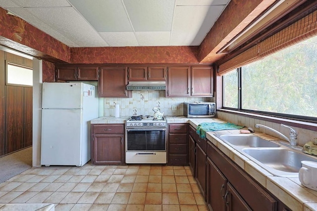 kitchen with gas stove, freestanding refrigerator, under cabinet range hood, stainless steel microwave, and a sink