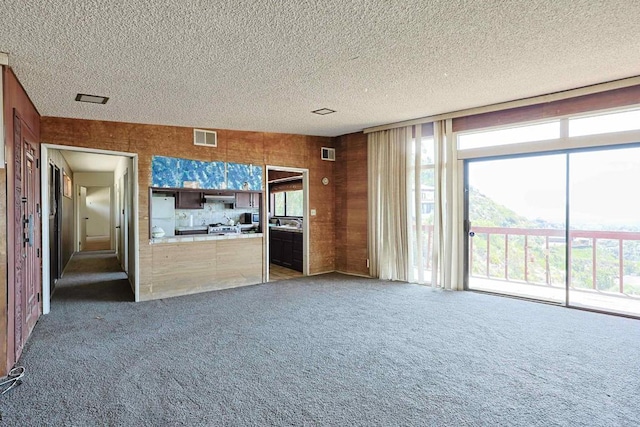 unfurnished living room featuring a textured ceiling, carpet, and healthy amount of natural light