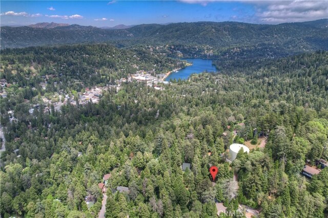 23776 Lakeview Dr, Crestline, CA 92325 - aerial view of property and surrounding area with a forest and a water and mountain view
