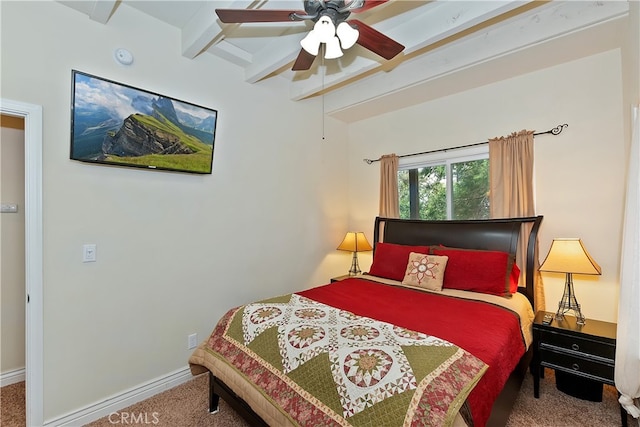 23776 Lakeview Dr, Crestline, CA 92325 - bedroom featuring carpet, beam ceiling, baseboards, and ceiling fan