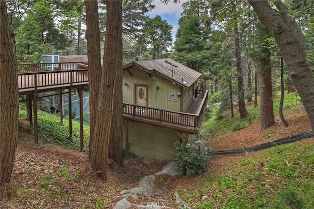 23776 Lakeview Dr, Crestline, CA 92325 - view of front of property with a wooden deck