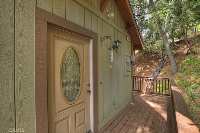23776 Lakeview Dr, Crestline, CA 92325 - property entrance featuring a wooden deck