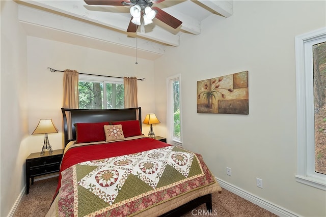 23776 Lakeview Dr, Crestline, CA 92325 - carpeted bedroom featuring beamed ceiling, baseboards, and ceiling fan