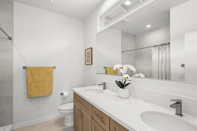 2210 Bonita Ct, Lemon Grove, CA 91945 - full bath with baseboards, toilet, a shower with shower curtain, double vanity, and recessed lighting