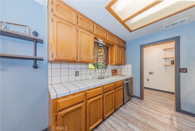 43096 Deer Trail Way, Coarsegold, CA 93614 - kitchen featuring a sink, dishwasher, backsplash, light wood-type flooring, and baseboards