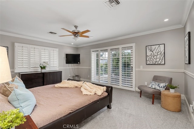 carpeted bedroom with access to outside, crown molding, ceiling fan, and recessed lighting