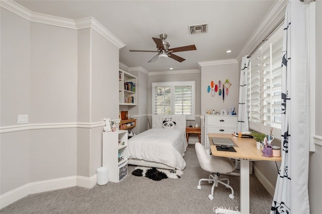 bedroom with carpet floors, a desk, baseboards, ornamental molding, and recessed lighting