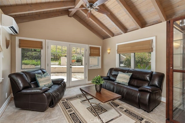 living room featuring wood ceiling, a wall mounted AC, french doors, ceiling fan, and baseboards