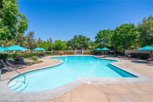 3933 E Bethany Way, Ontario, CA 91761 - community pool with a patio area, fence, and view of wooded area
