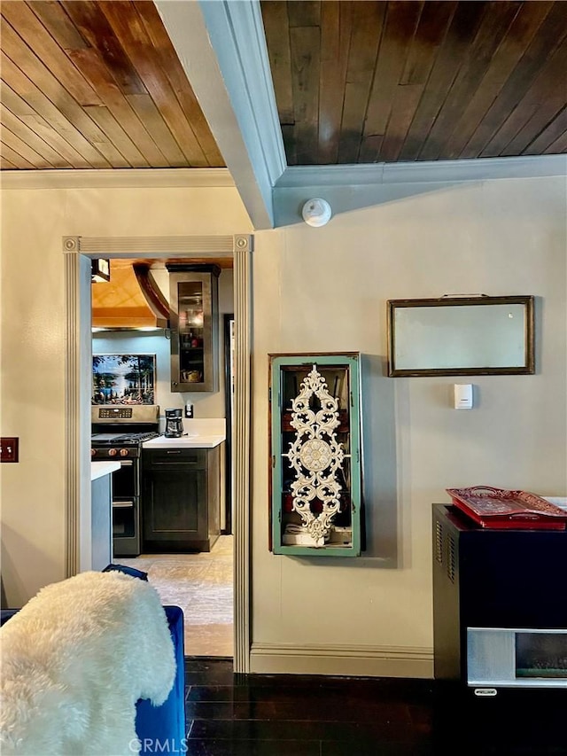 23739 Skyland Dr, Crestline, CA 92325 - interior space featuring wood ceiling, crown molding, baseboards, and wood-type flooring