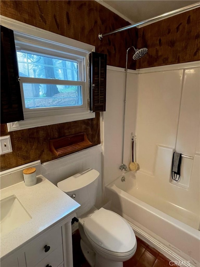 23739 Skyland Dr, Crestline, CA 92325 - bathroom with toilet, vanity, tub / shower combination, and tile patterned floors