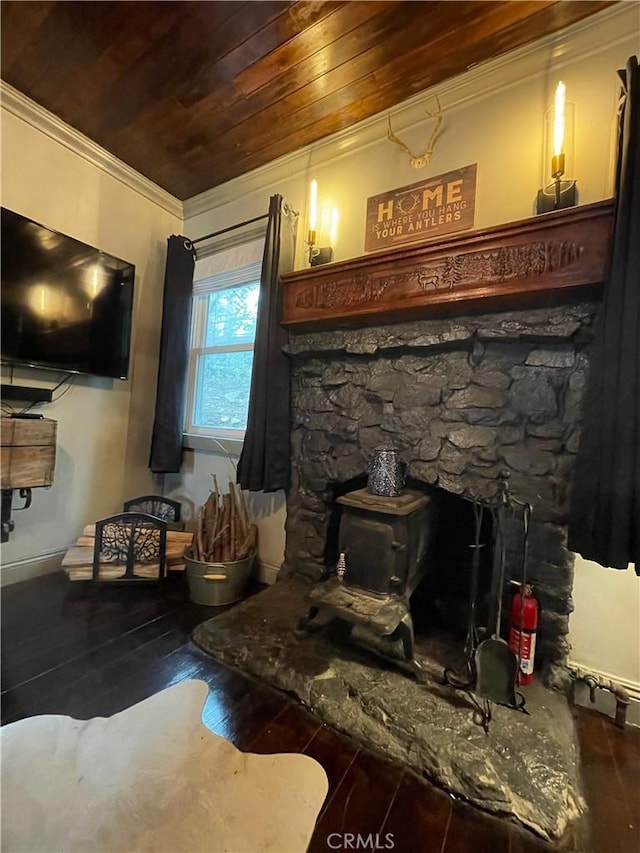 23739 Skyland Dr, Crestline, CA 92325 - living area featuring wooden ceiling, ornamental molding, hardwood / wood-style floors, and baseboards