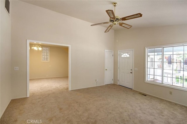 221 E Barker Blvd, Big Bear City, CA 92314 - carpeted empty room featuring ceiling fan, high vaulted ceiling, and baseboards