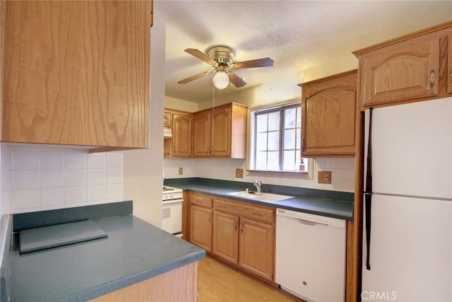 221 E Barker Blvd, Big Bear City, CA 92314 - kitchen featuring white appliances, dark countertops, a ceiling fan, and decorative backsplash