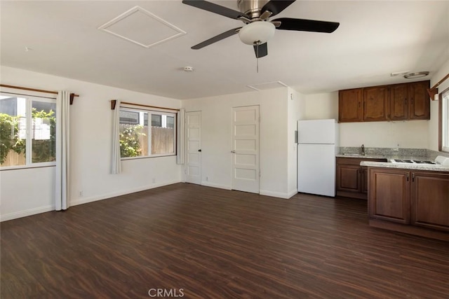 808 El Redondo Ave, Redondo Beach, CA 90277 - kitchen featuring white appliances, baseboards, ceiling fan, and dark wood-type flooring