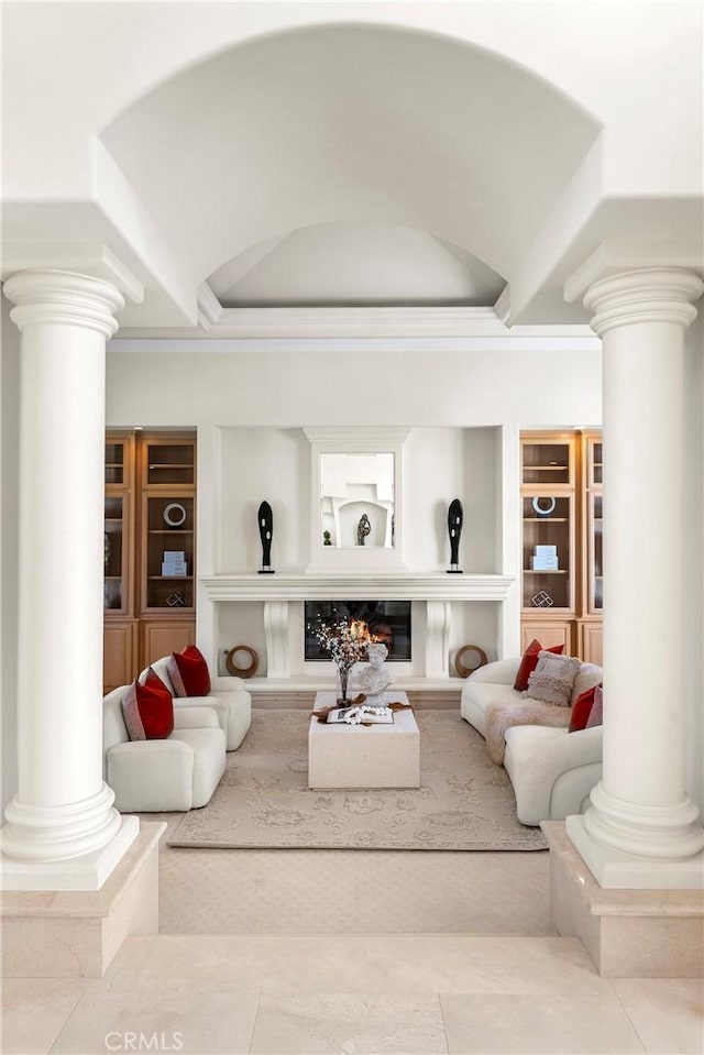 3277 Barhite St, Pasadena, CA 91107 - living room featuring ornate columns, built in shelves, and ornamental molding