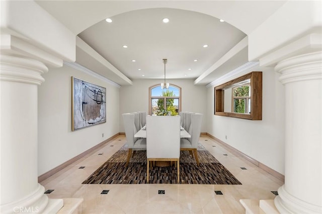 3277 Barhite St, Pasadena, CA 91107 - dining area with ornate columns, recessed lighting, light tile patterned floors, baseboards, and arched walkways