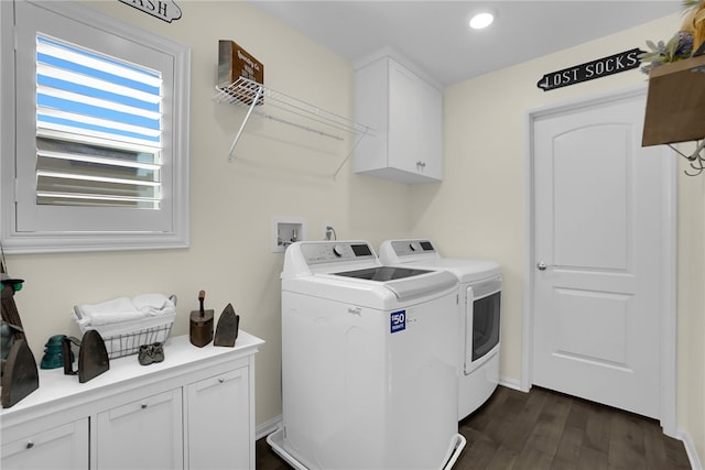 30853 Pony Express Dr, Winchester, CA 92596 - laundry room with separate washer and dryer, cabinet space, dark wood-style flooring, recessed lighting, and baseboards