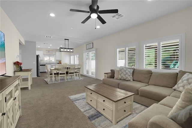 30853 Pony Express Dr, Winchester, CA 92596 - carpeted living area featuring a ceiling fan and recessed lighting