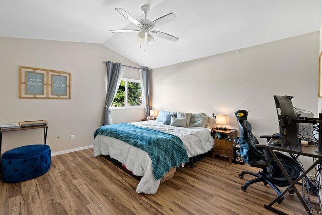 9560 Frank Way, Santee, CA 92071 - bedroom featuring vaulted ceiling, wood finished floors, a desk, baseboards, and a ceiling fan
